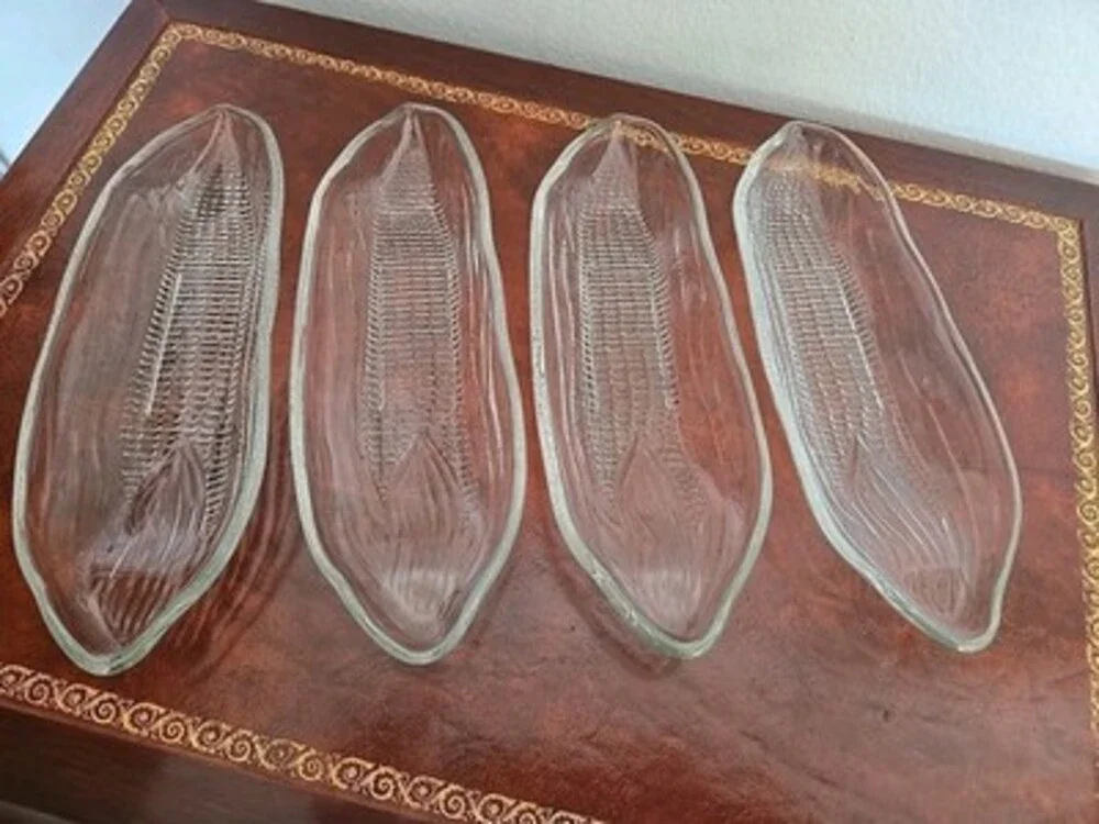 Vintage CORN ON THE COB Holders Clear Pressed Heavy GLASS DISHES Plates - 4